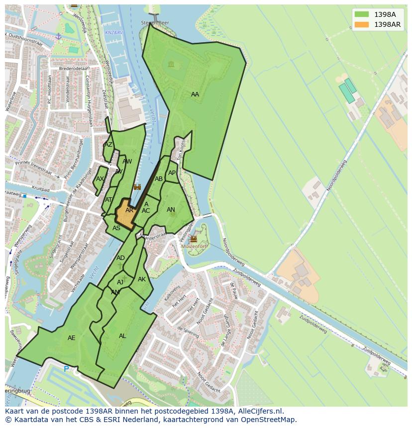 Afbeelding van het postcodegebied 1398 AR op de kaart.