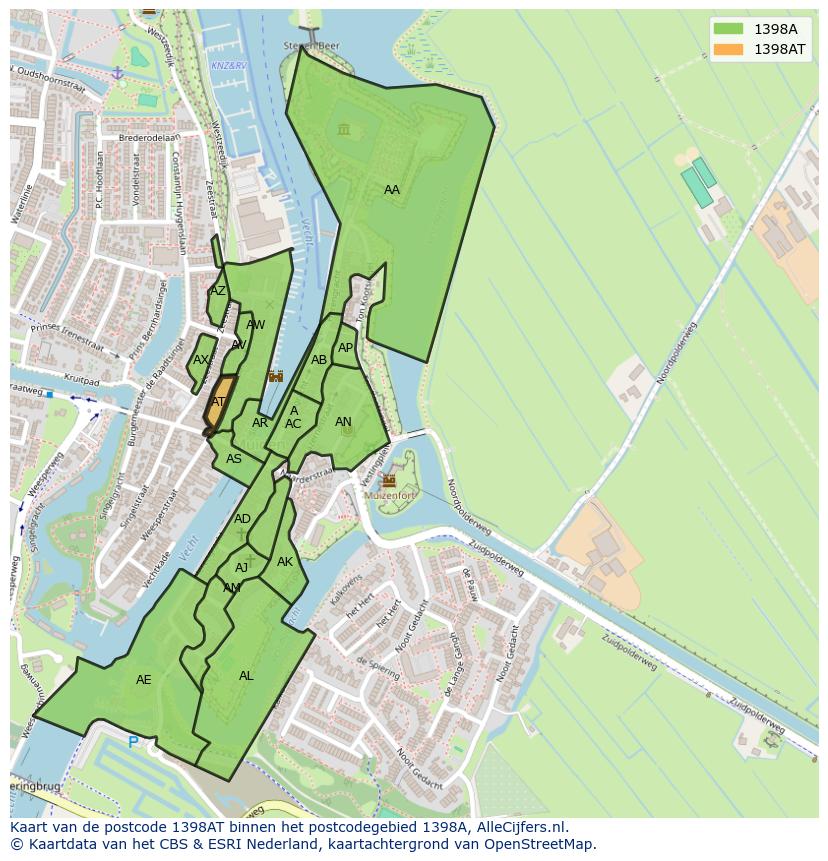 Afbeelding van het postcodegebied 1398 AT op de kaart.