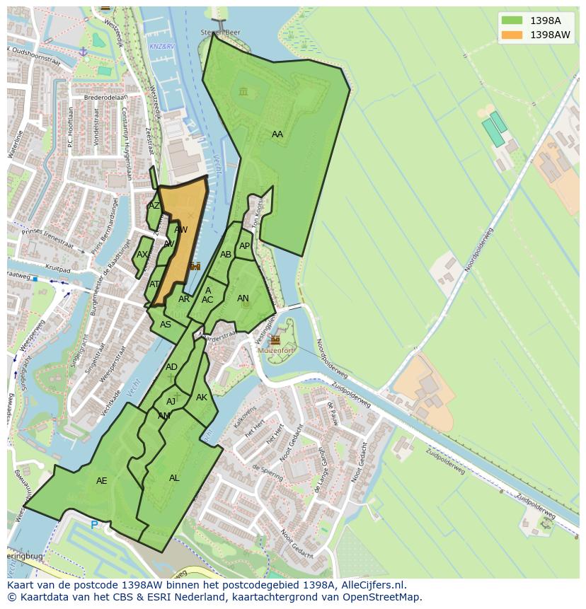 Afbeelding van het postcodegebied 1398 AW op de kaart.