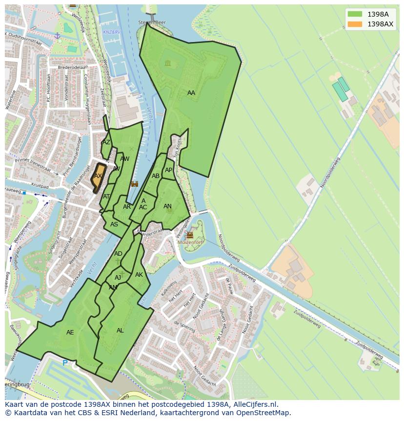 Afbeelding van het postcodegebied 1398 AX op de kaart.