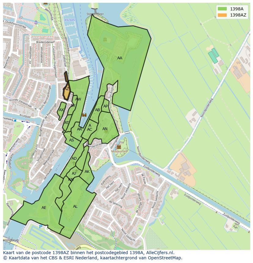 Afbeelding van het postcodegebied 1398 AZ op de kaart.