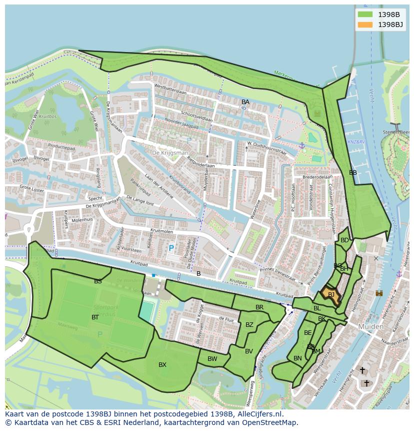 Afbeelding van het postcodegebied 1398 BJ op de kaart.