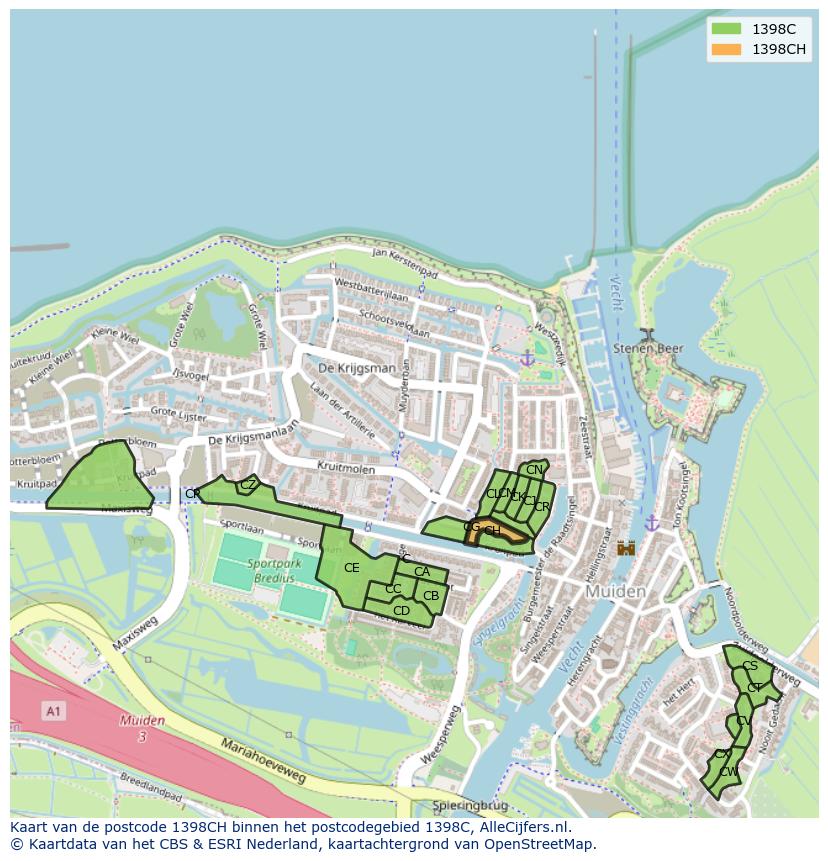 Afbeelding van het postcodegebied 1398 CH op de kaart.