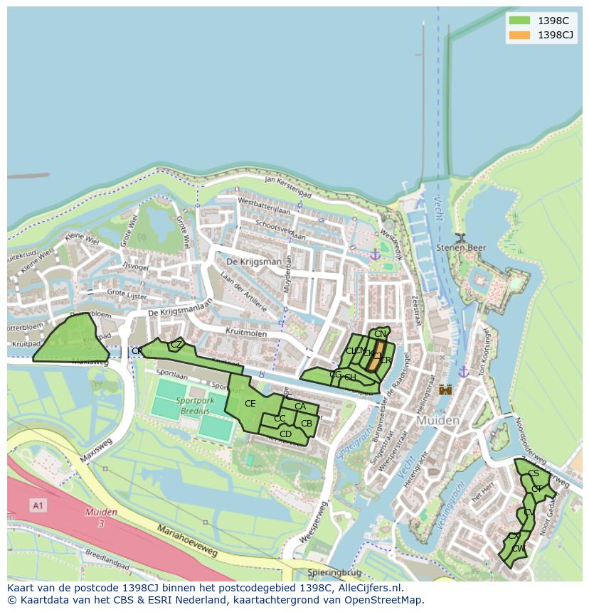 Afbeelding van het postcodegebied 1398 CJ op de kaart.