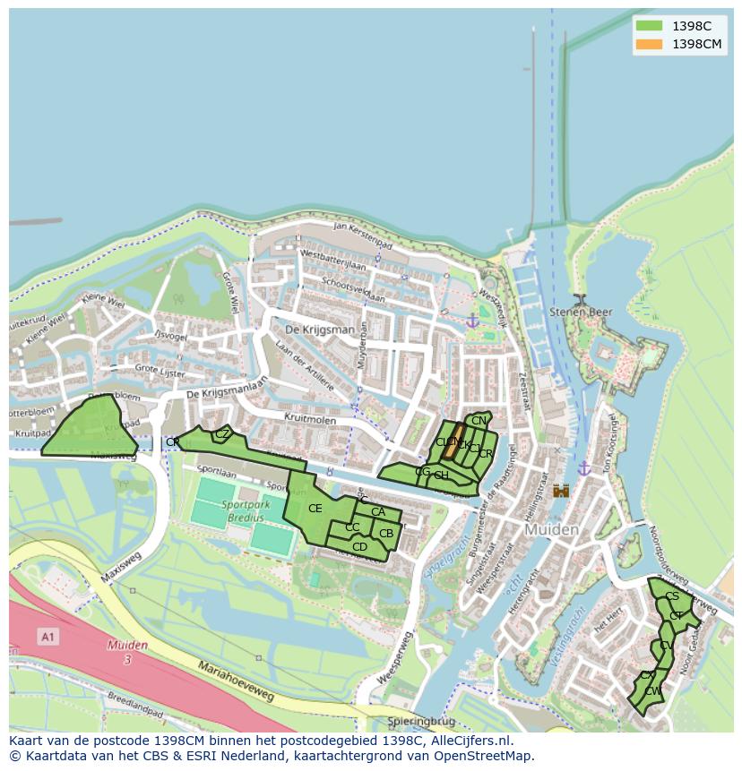 Afbeelding van het postcodegebied 1398 CM op de kaart.