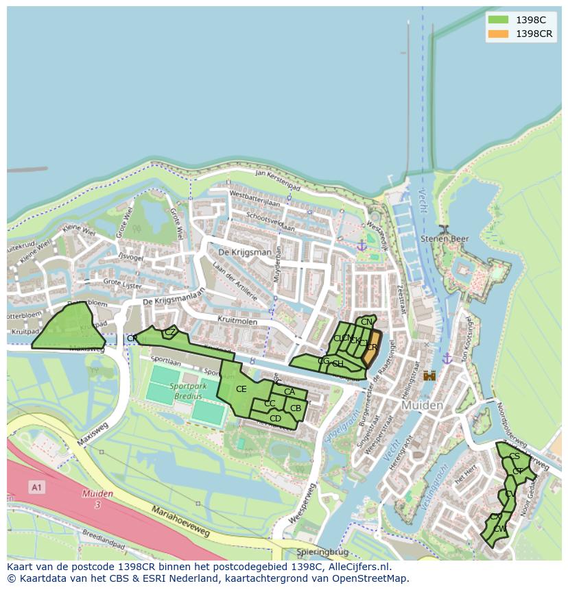 Afbeelding van het postcodegebied 1398 CR op de kaart.
