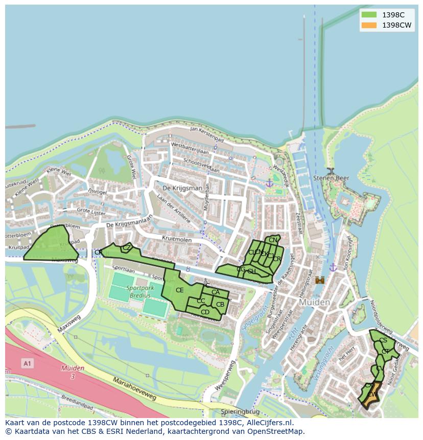 Afbeelding van het postcodegebied 1398 CW op de kaart.