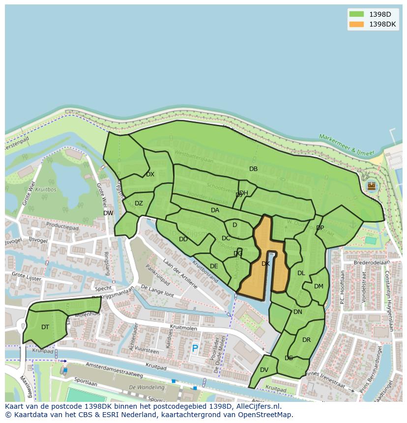 Afbeelding van het postcodegebied 1398 DK op de kaart.