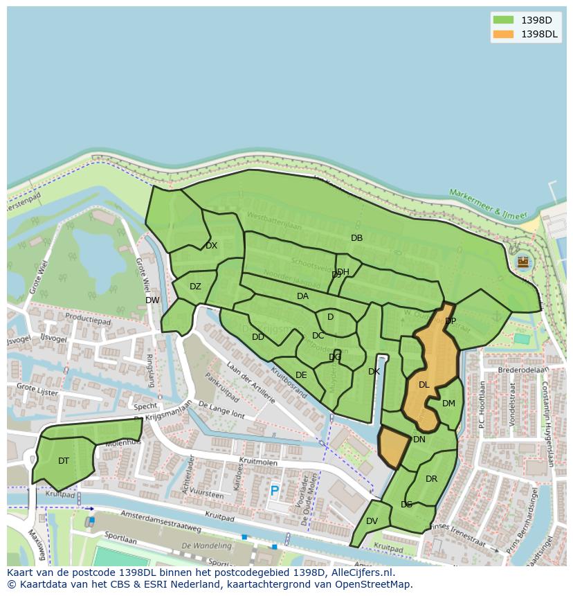 Afbeelding van het postcodegebied 1398 DL op de kaart.