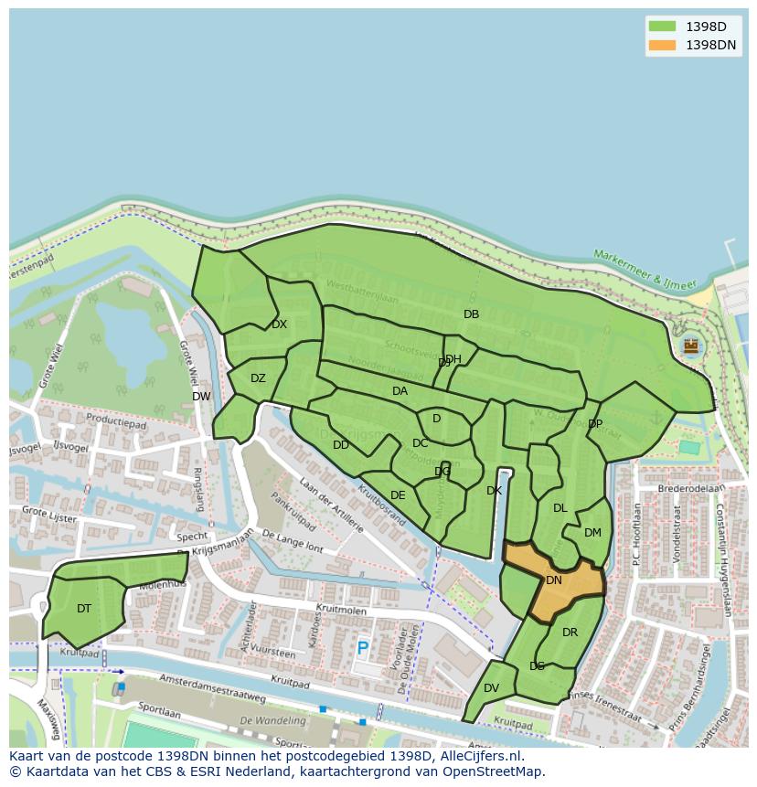 Afbeelding van het postcodegebied 1398 DN op de kaart.