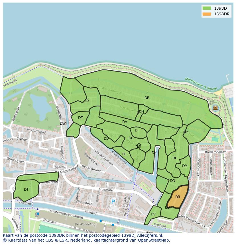 Afbeelding van het postcodegebied 1398 DR op de kaart.