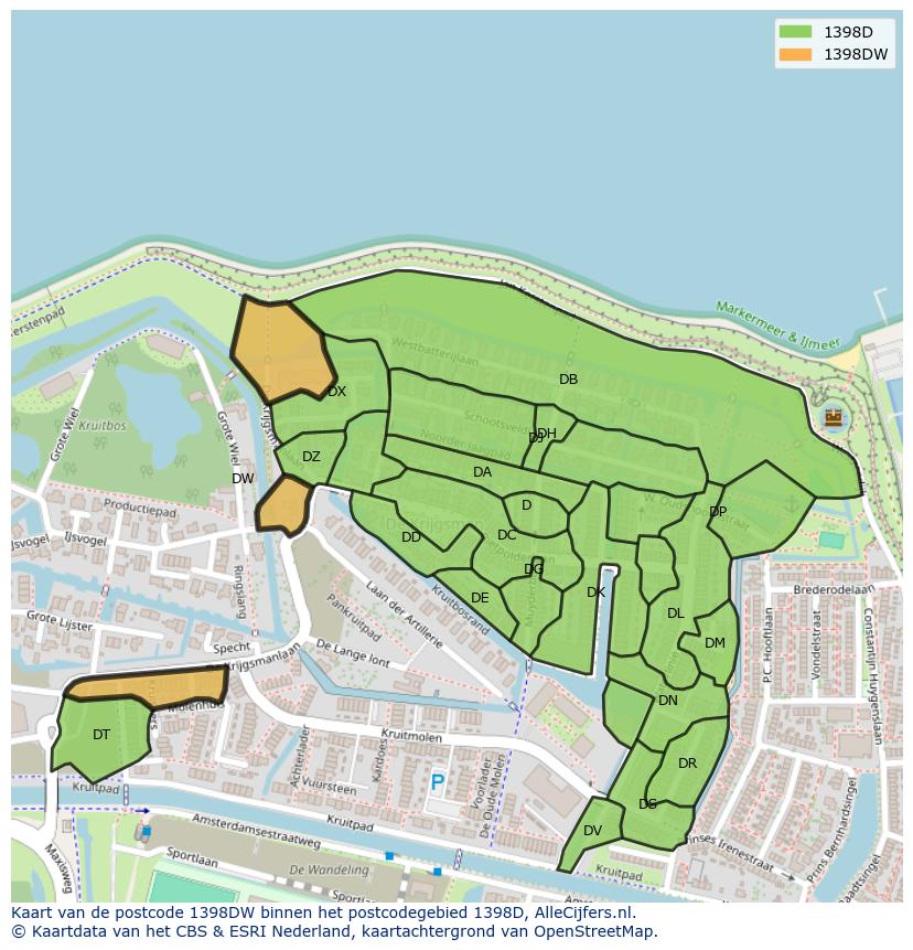 Afbeelding van het postcodegebied 1398 DW op de kaart.