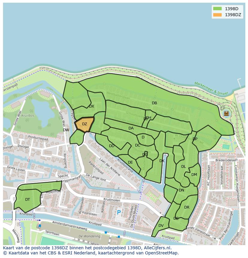 Afbeelding van het postcodegebied 1398 DZ op de kaart.