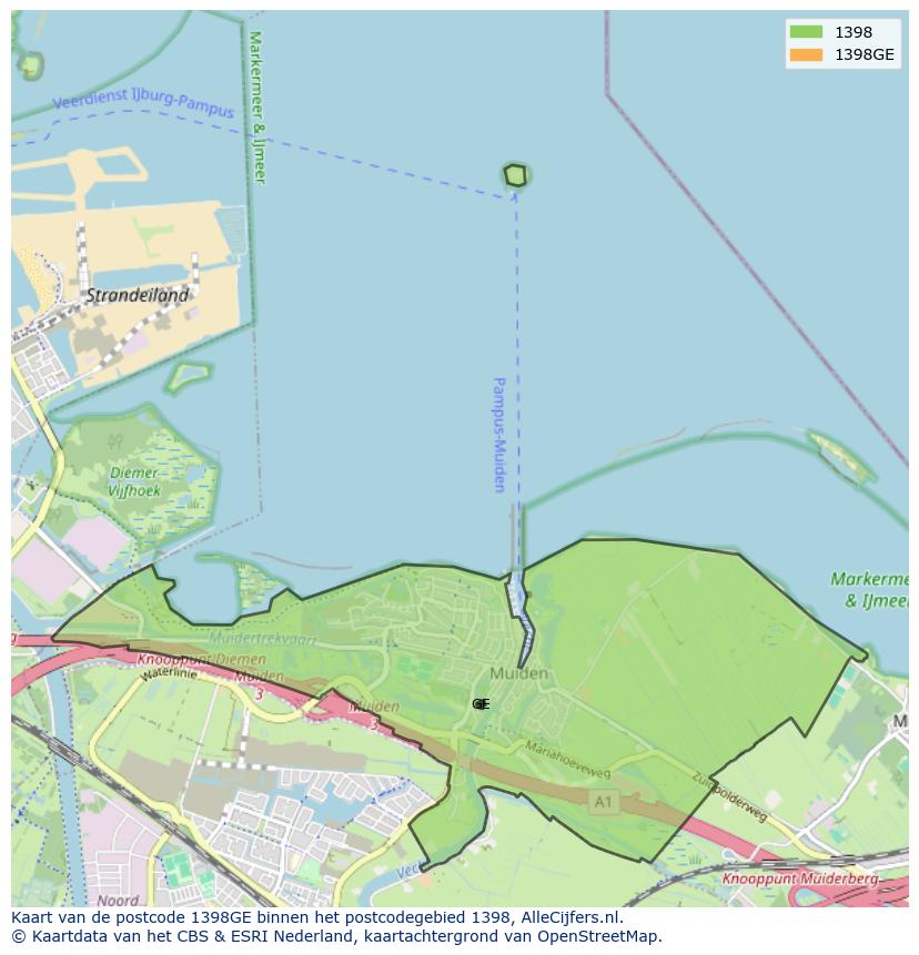 Afbeelding van het postcodegebied 1398 GE op de kaart.