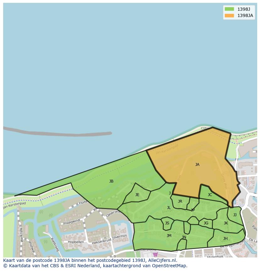 Afbeelding van het postcodegebied 1398 JA op de kaart.