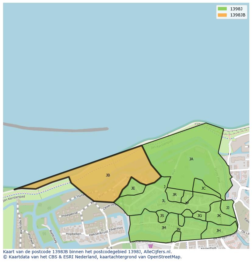 Afbeelding van het postcodegebied 1398 JB op de kaart.