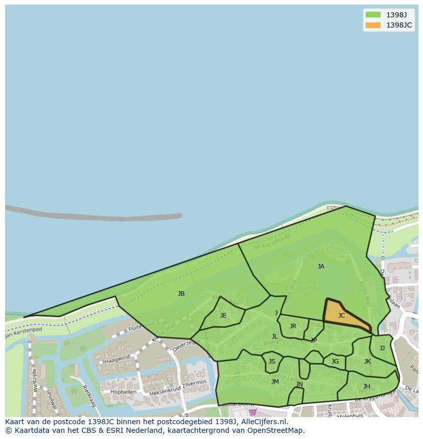 Afbeelding van het postcodegebied 1398 JC op de kaart.