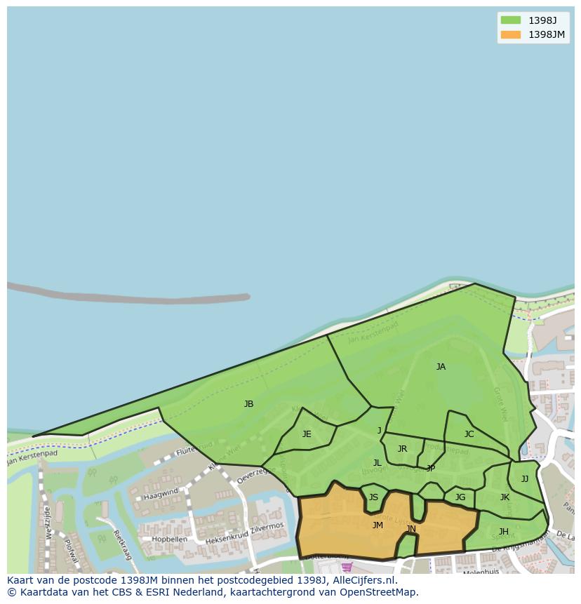 Afbeelding van het postcodegebied 1398 JM op de kaart.