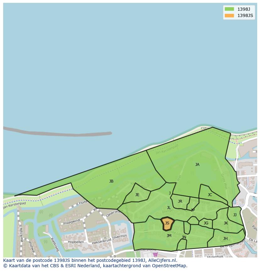 Afbeelding van het postcodegebied 1398 JS op de kaart.