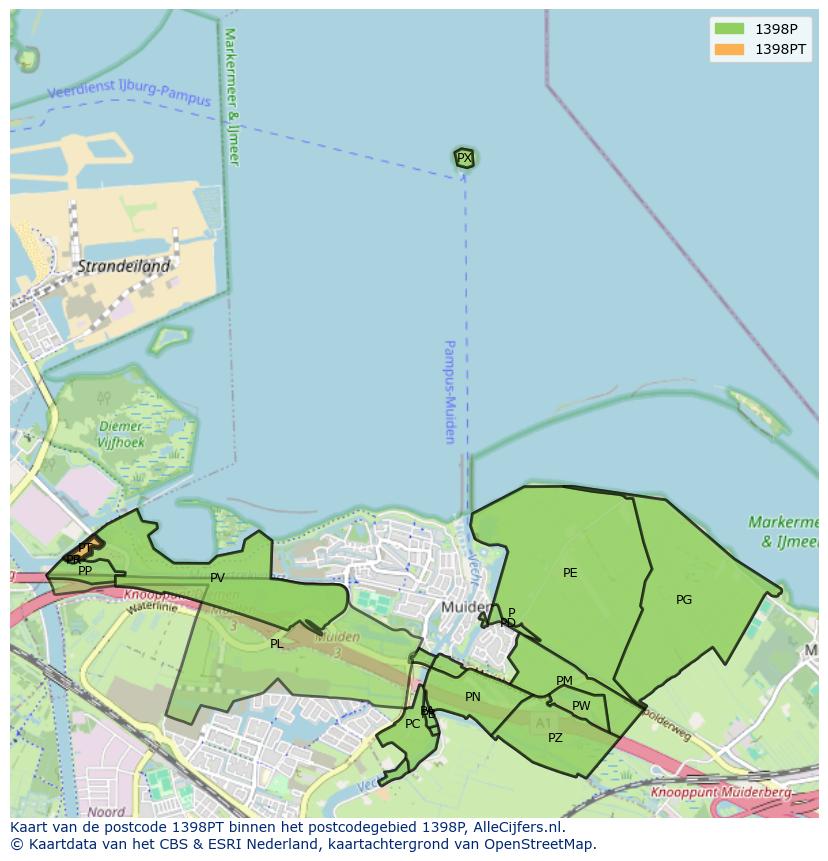 Afbeelding van het postcodegebied 1398 PT op de kaart.