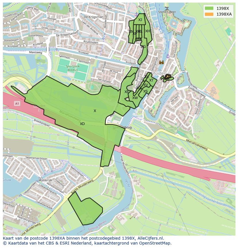 Afbeelding van het postcodegebied 1398 XA op de kaart.