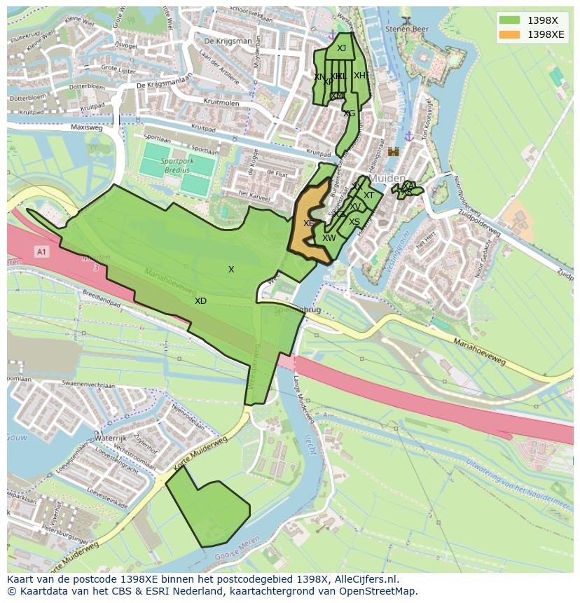 Afbeelding van het postcodegebied 1398 XE op de kaart.