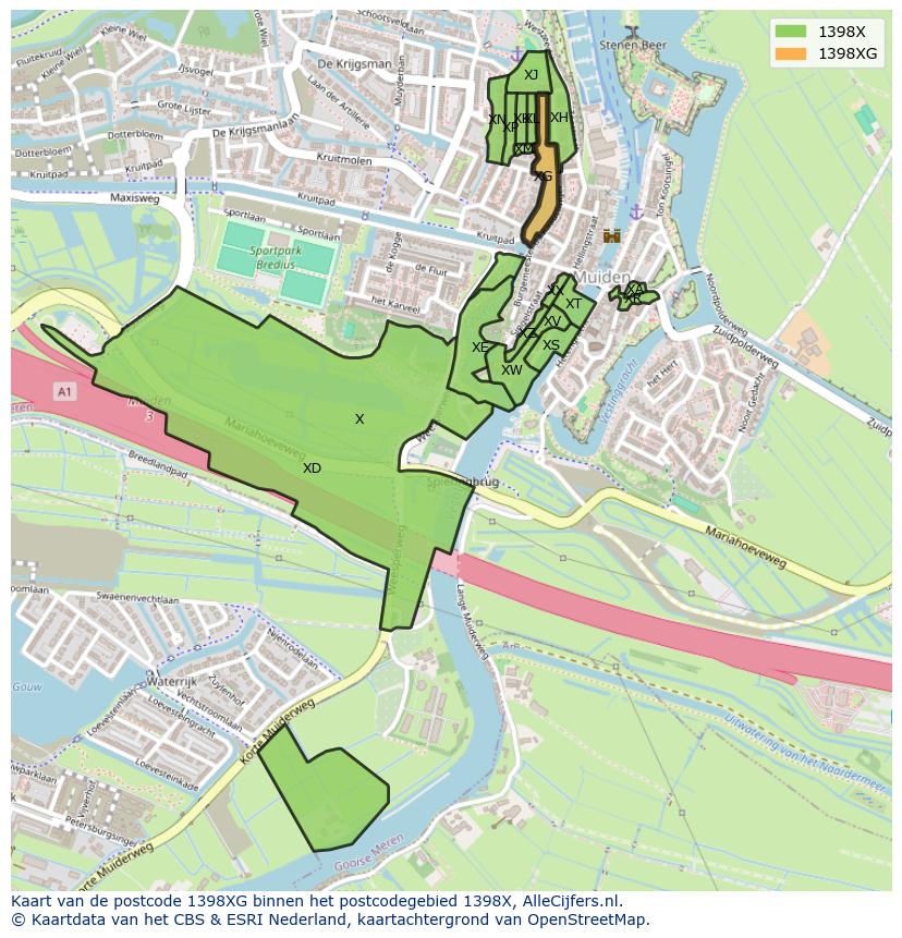 Afbeelding van het postcodegebied 1398 XG op de kaart.