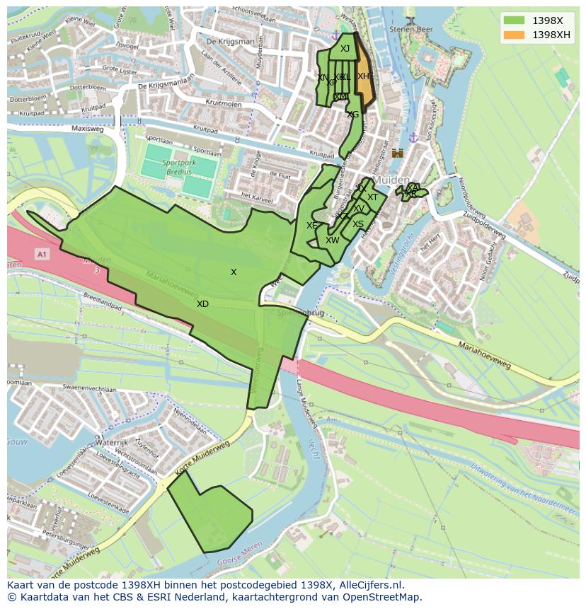 Afbeelding van het postcodegebied 1398 XH op de kaart.