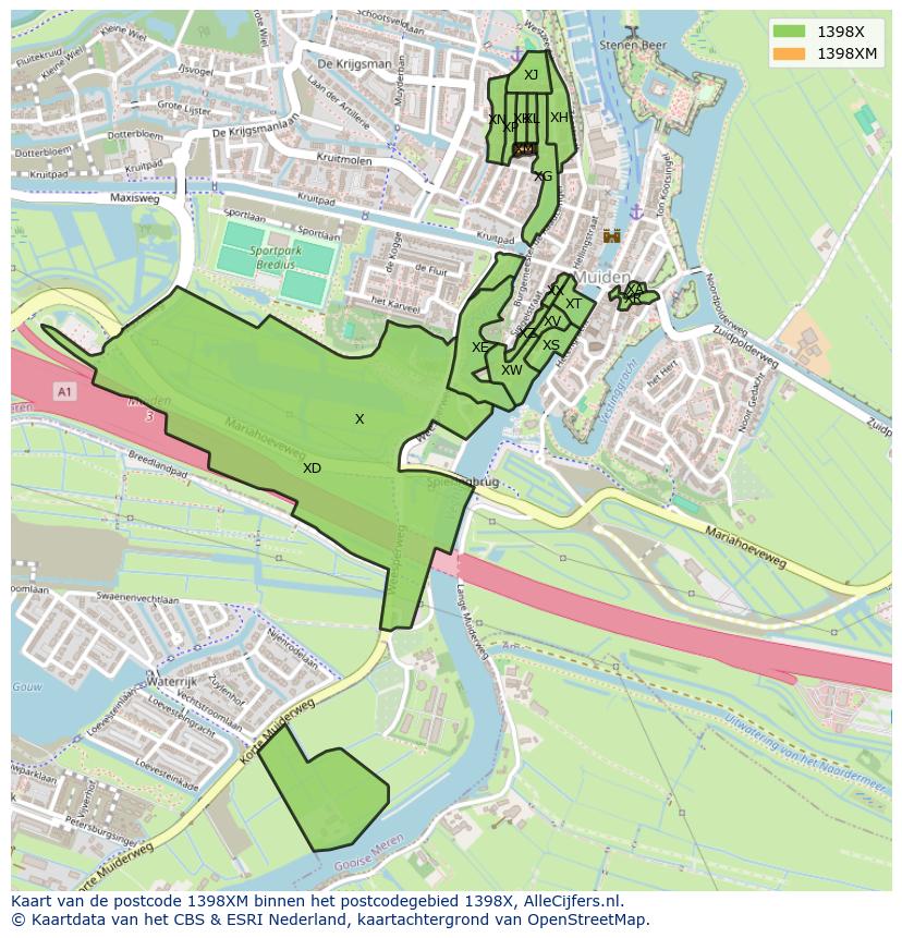 Afbeelding van het postcodegebied 1398 XM op de kaart.