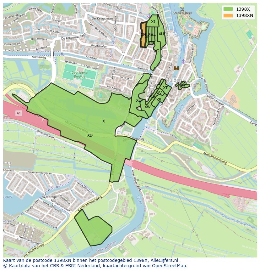 Afbeelding van het postcodegebied 1398 XN op de kaart.