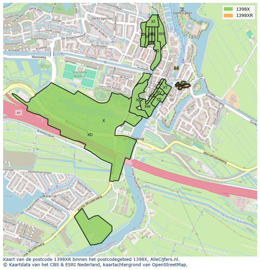 Afbeelding van het postcodegebied 1398 XR op de kaart.