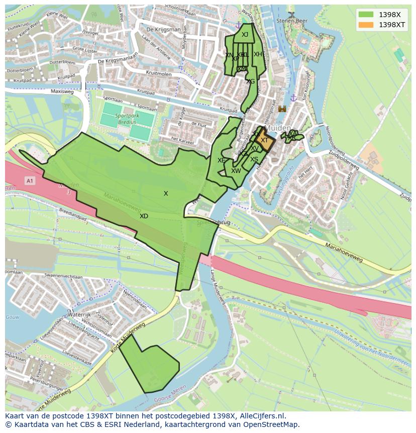 Afbeelding van het postcodegebied 1398 XT op de kaart.