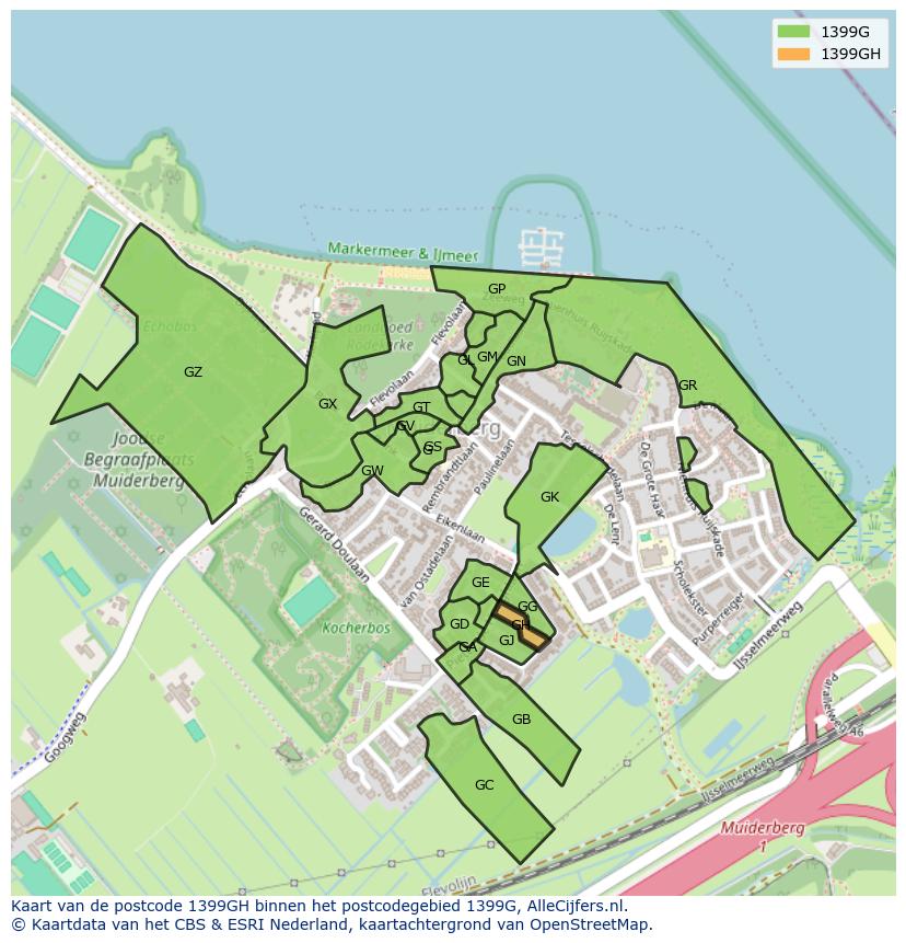 Afbeelding van het postcodegebied 1399 GH op de kaart.