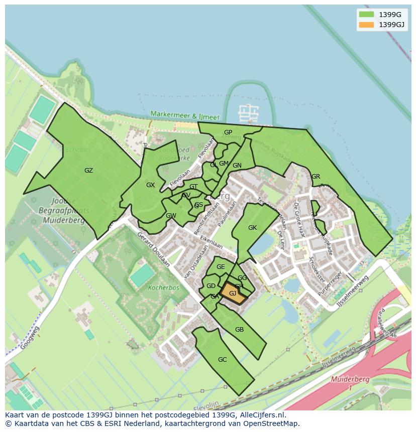 Afbeelding van het postcodegebied 1399 GJ op de kaart.