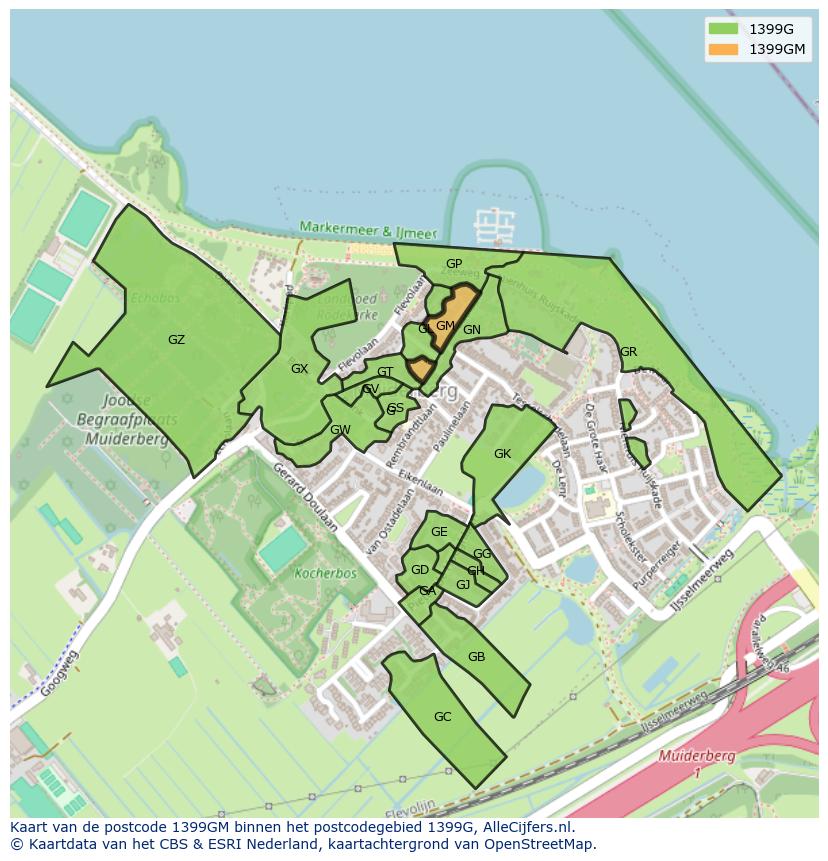 Afbeelding van het postcodegebied 1399 GM op de kaart.