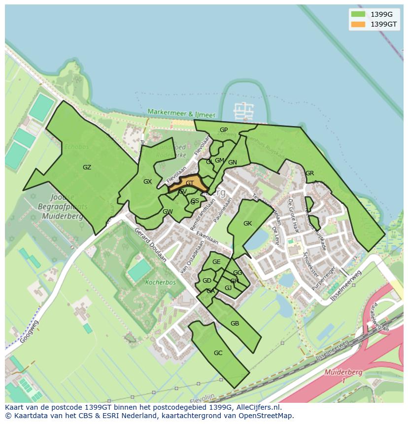 Afbeelding van het postcodegebied 1399 GT op de kaart.