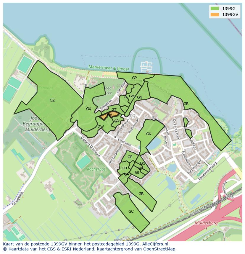 Afbeelding van het postcodegebied 1399 GV op de kaart.