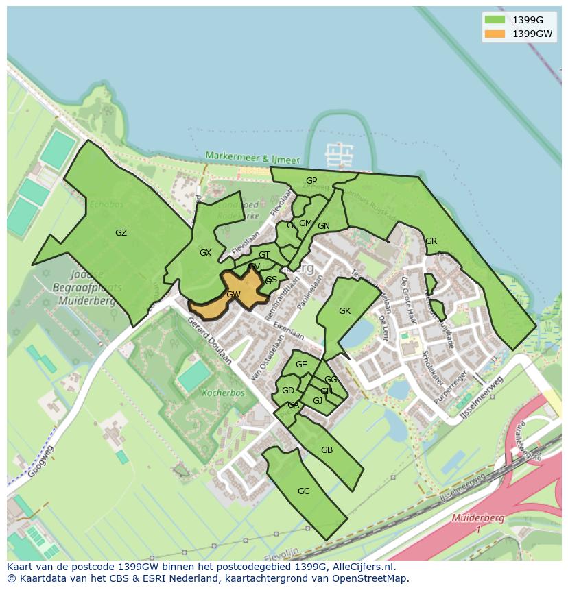Afbeelding van het postcodegebied 1399 GW op de kaart.