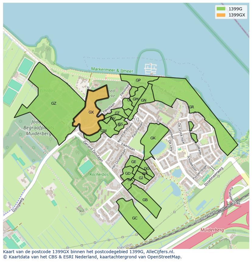 Afbeelding van het postcodegebied 1399 GX op de kaart.