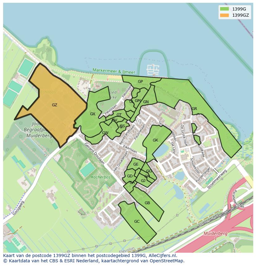 Afbeelding van het postcodegebied 1399 GZ op de kaart.