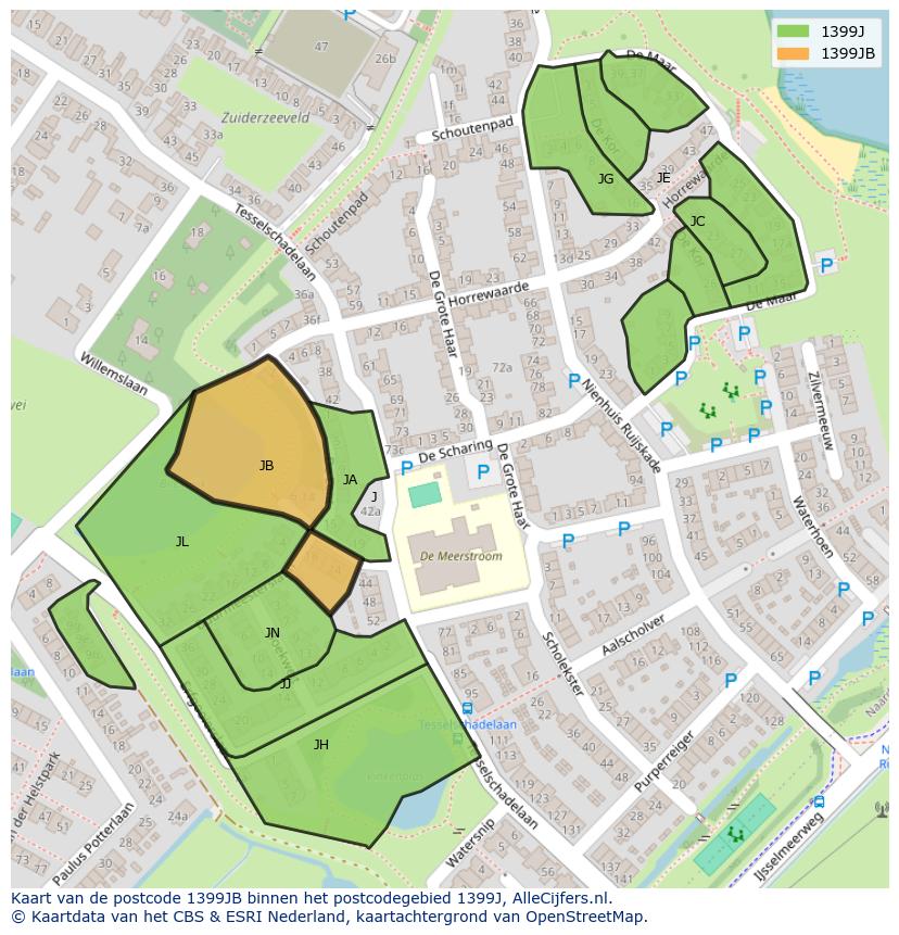 Afbeelding van het postcodegebied 1399 JB op de kaart.