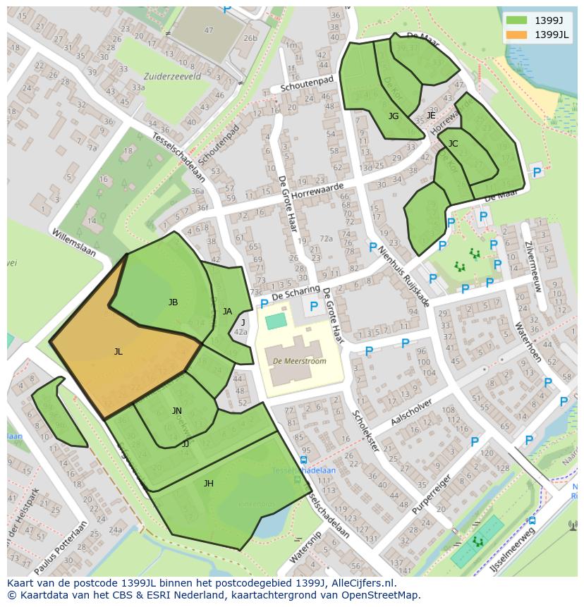 Afbeelding van het postcodegebied 1399 JL op de kaart.