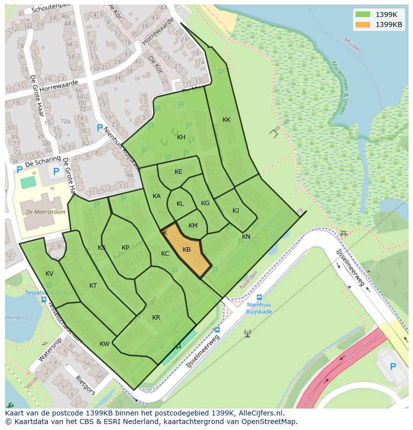 Afbeelding van het postcodegebied 1399 KB op de kaart.
