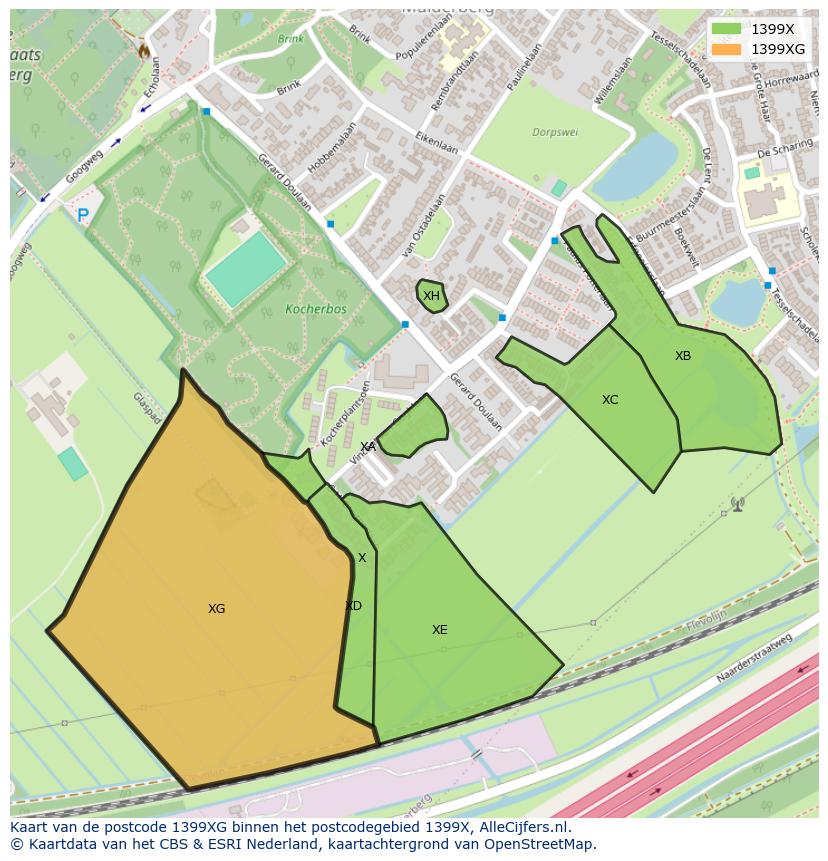 Afbeelding van het postcodegebied 1399 XG op de kaart.