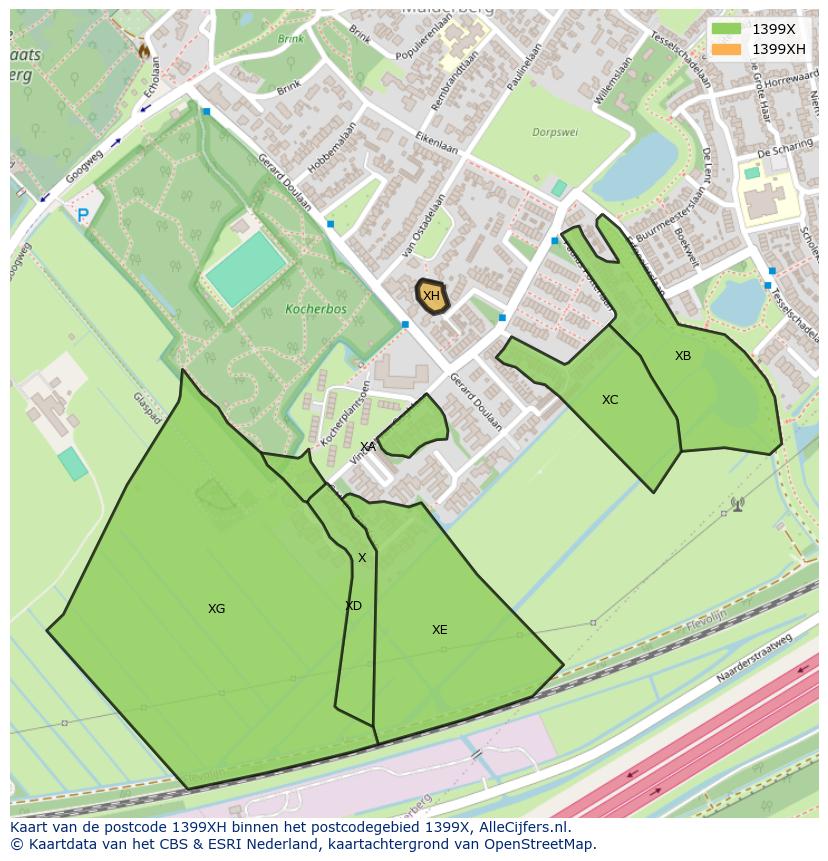 Afbeelding van het postcodegebied 1399 XH op de kaart.