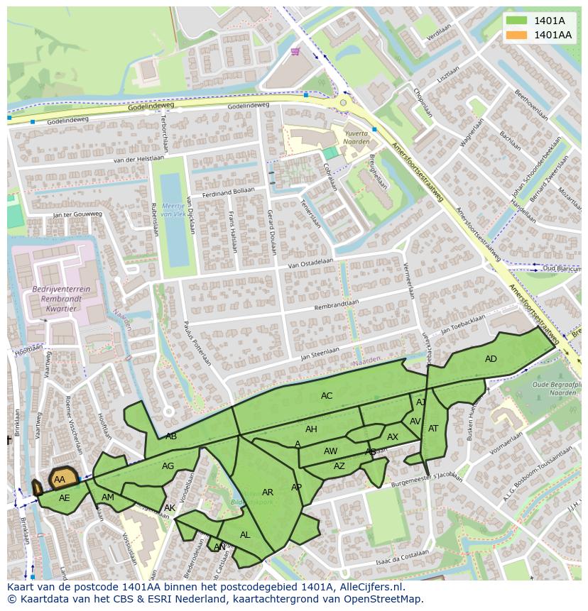 Afbeelding van het postcodegebied 1401 AA op de kaart.