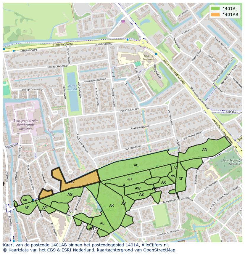 Afbeelding van het postcodegebied 1401 AB op de kaart.