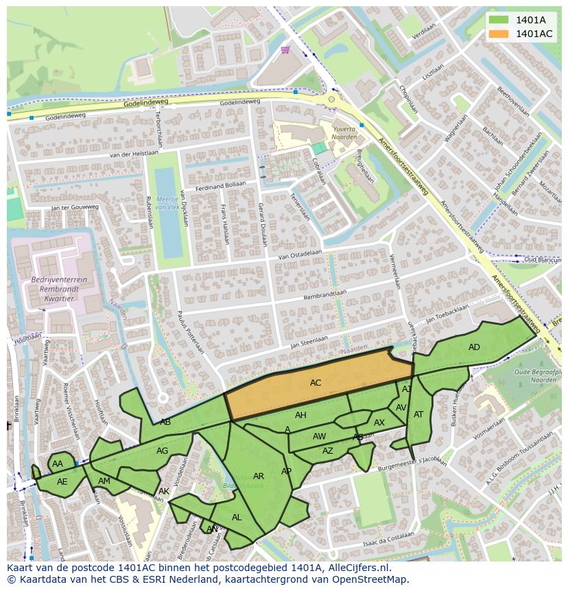 Afbeelding van het postcodegebied 1401 AC op de kaart.