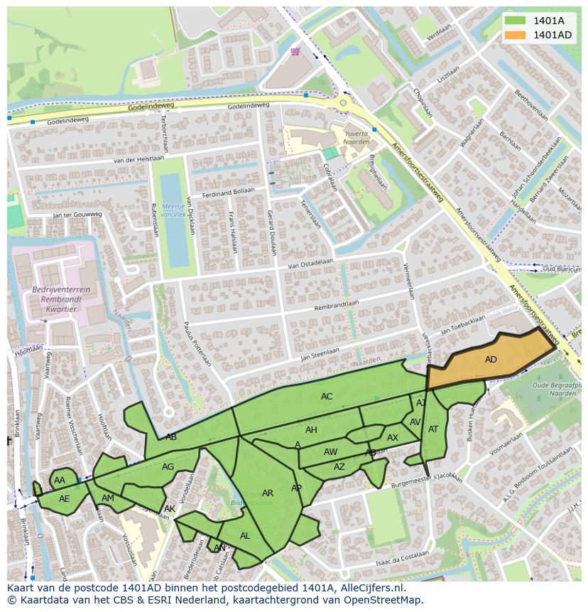 Afbeelding van het postcodegebied 1401 AD op de kaart.