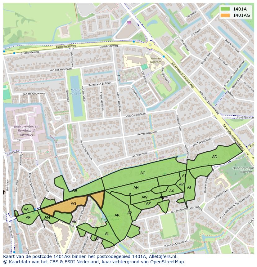 Afbeelding van het postcodegebied 1401 AG op de kaart.